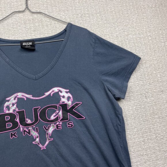 Y2K VTG Buck Knives Gray V Neck T Shirt Women's XXL Goth Holographic Heart Cyber - Picture 3 of 16